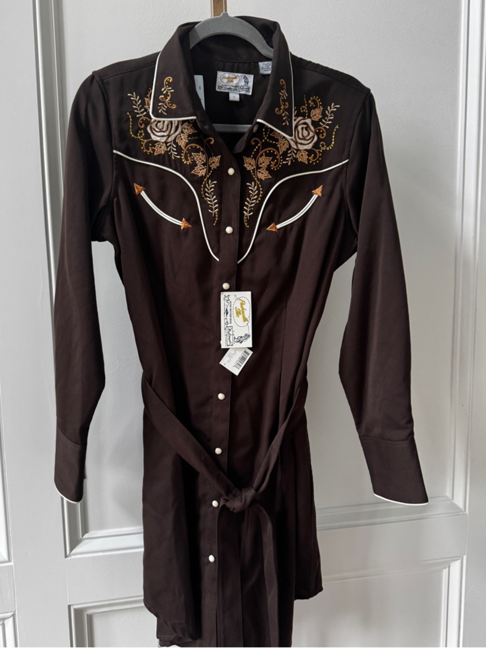 Panhandle Slim Brown Midi Dress with Gold & Cream Western Embroidery